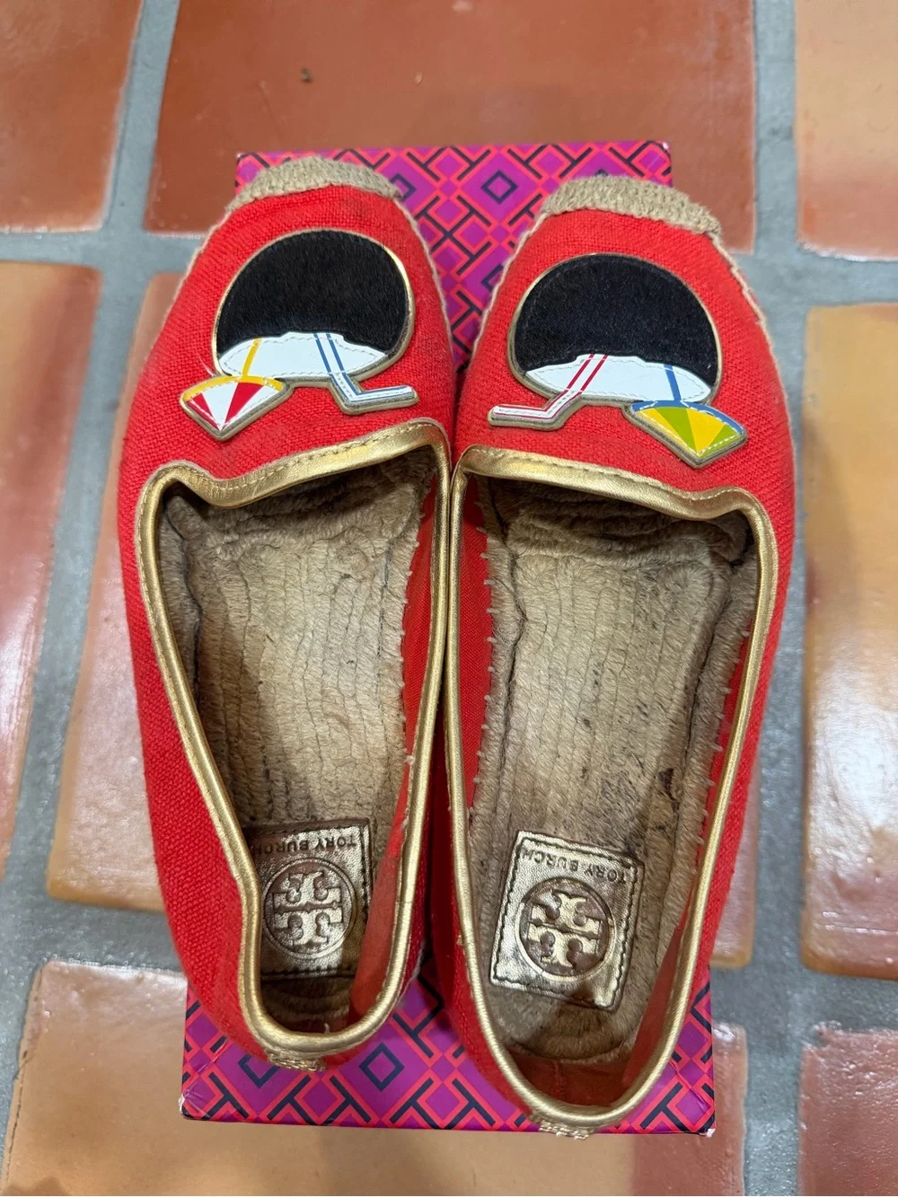 Tory Burch Red Espadrille Flats with Tropical Cocktail Appliqué